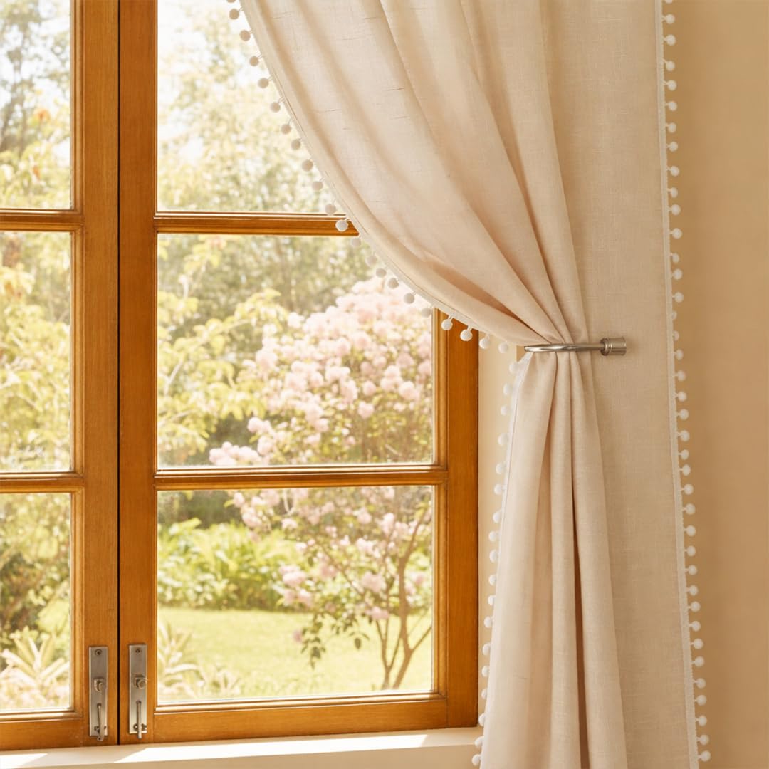 Homemonde Window 5 Feet Curtains Sheer Linen Textured Panels Set With Decorative Border Pompoms, Solid Beige  (Hangs Style  Ro