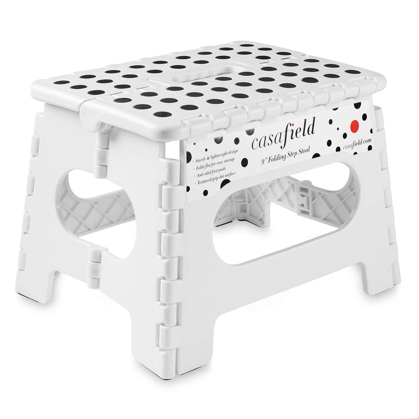 Casafield 9 Folding Step Stool with Handle, White - Portable Collapsible Small Plastic Foot Stool for Kids and Adults - Use in T