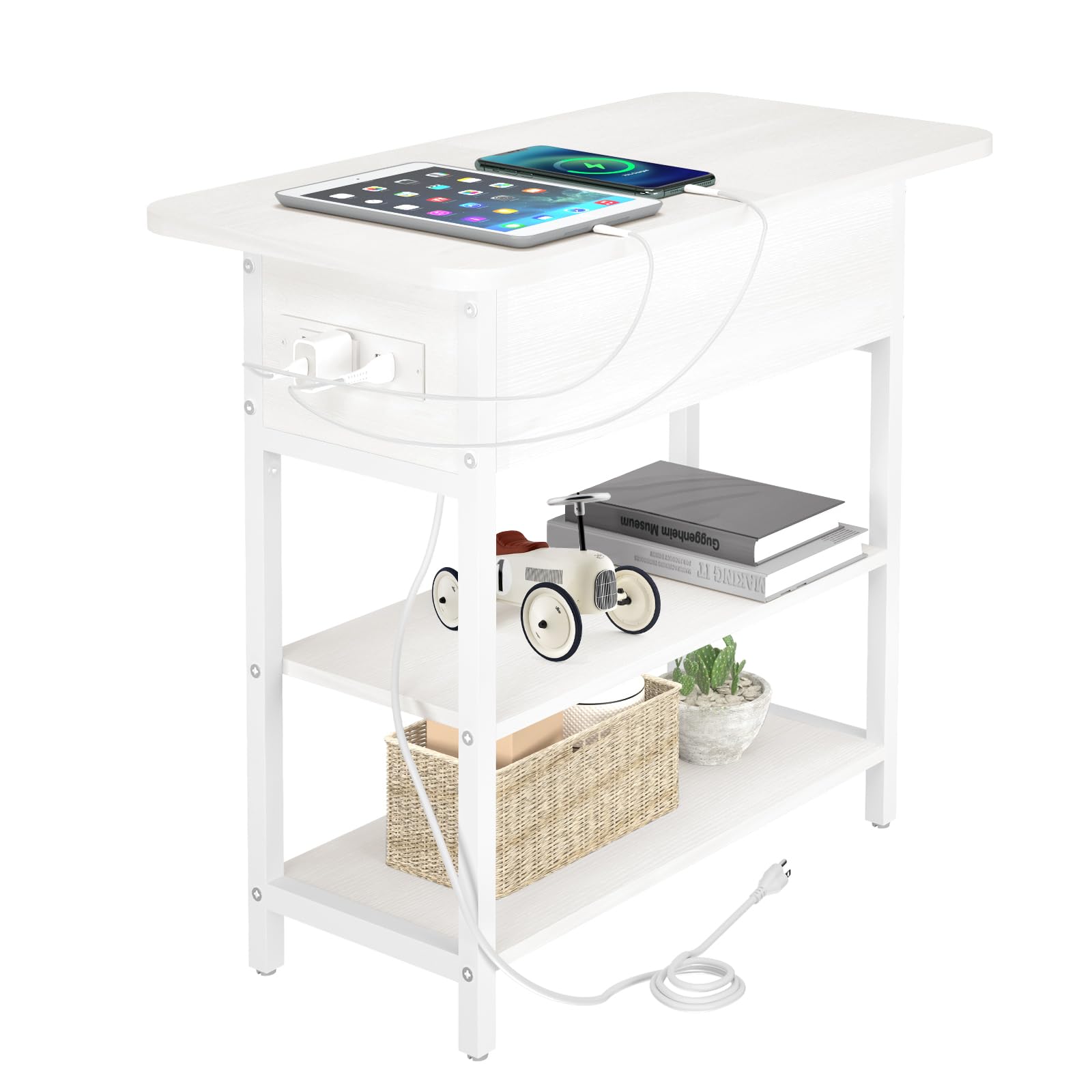 Yoobure End Table With Charging Station, Flip Top Side Table With Usb Ports And Outlets, Sofa Couch Table Bedside Table For Living Room Bedroom, Narrow Nightstand With Storage Shelves For Small Spaces
