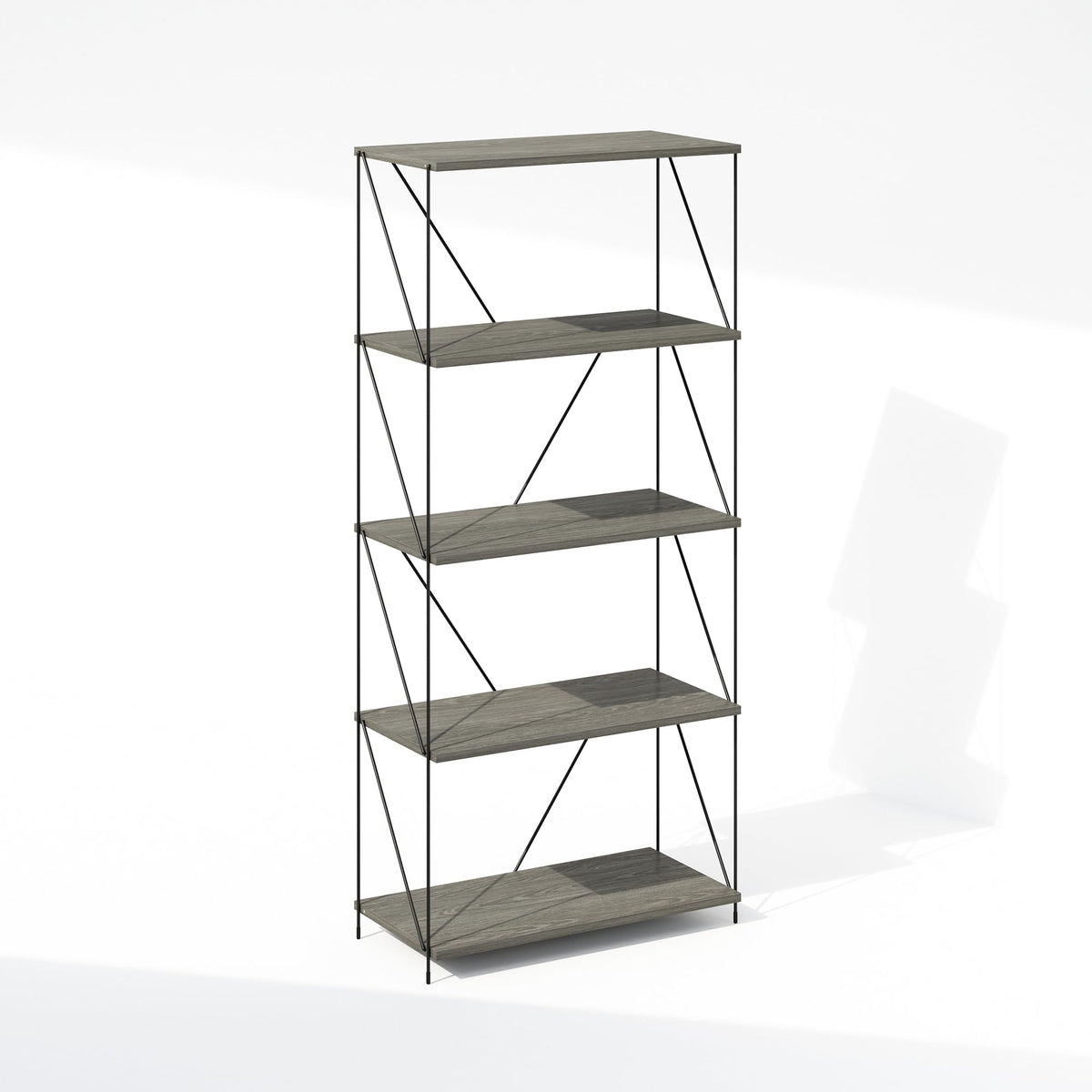 Furinno Wire 5-Tier Industrial Style Metal Frame Bookcase, Display Shelf, 24 Wide, Finn Oak
