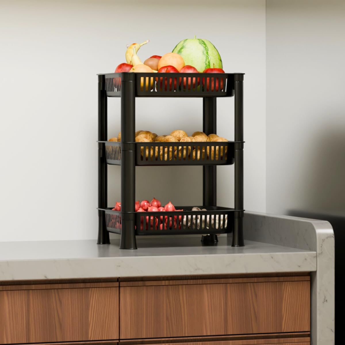 Foroly Multipurpose Foldable Plastic Storage Rack Basket Stand For Home, Office And Kitchen (Black, 3 Layer)