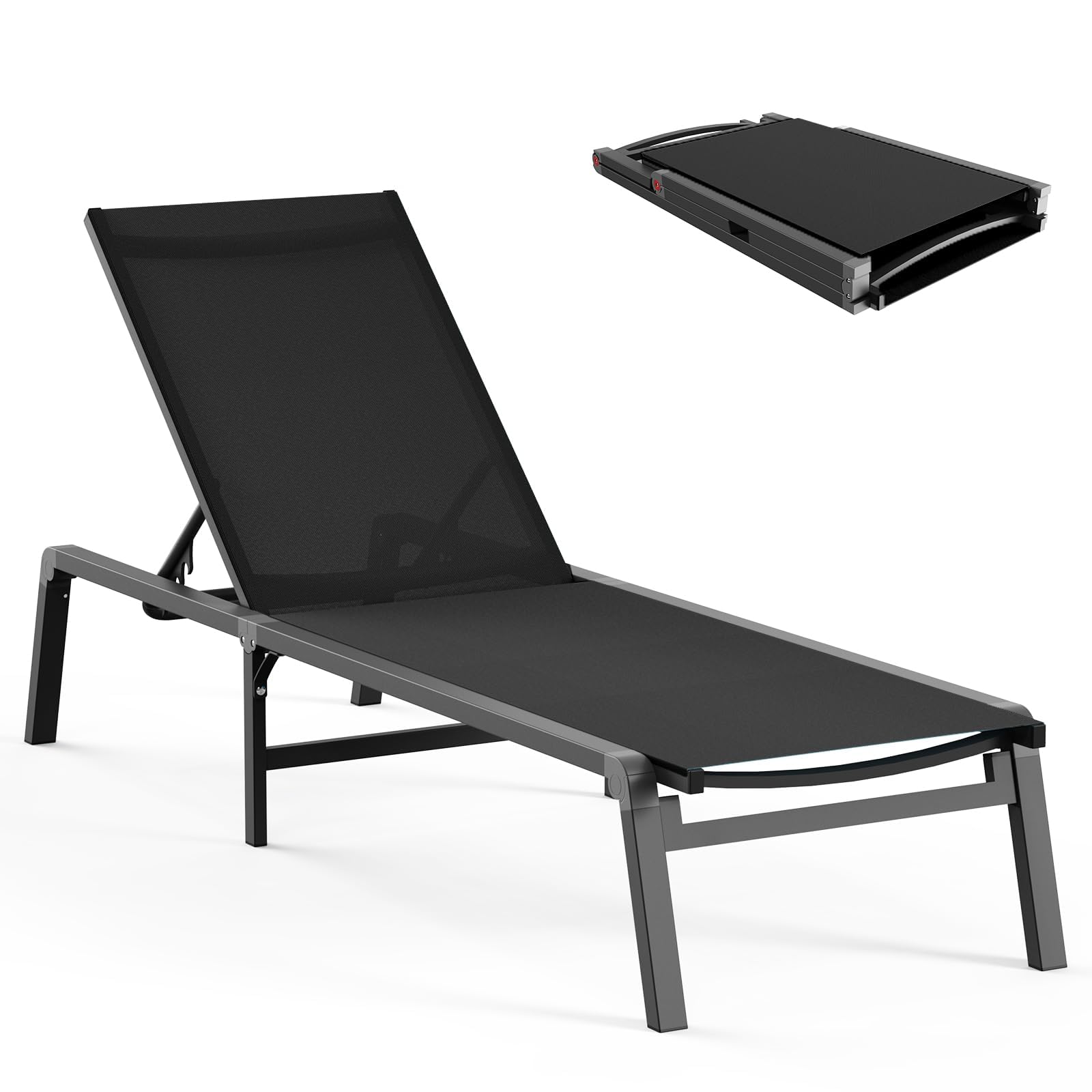 Aluminum Chaise Lounge Ourdoor - Foldable & Assemble Free Outdoor Lounge Chair With 5 Adjustable Backrest, Patio Lounge Chair For Outside Poolside Beach Pool, Black