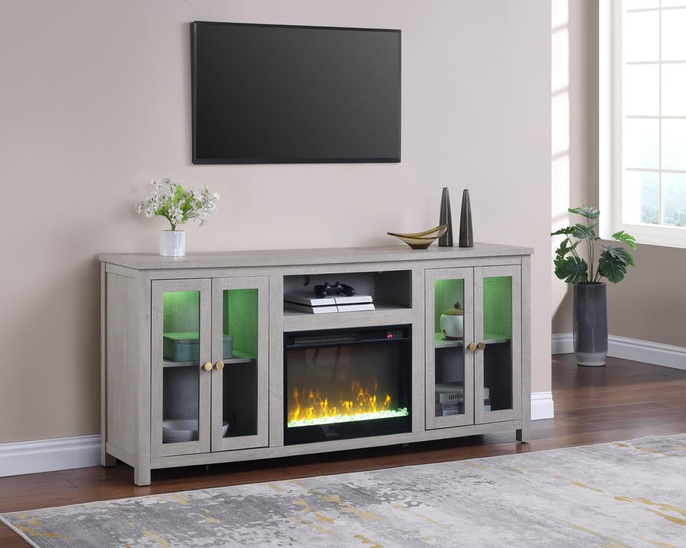 LILOLA LIVING Ellington 70' W White Walnut Finish Fireplace TV Stand Console with LED Light, Cabinets, Shelves