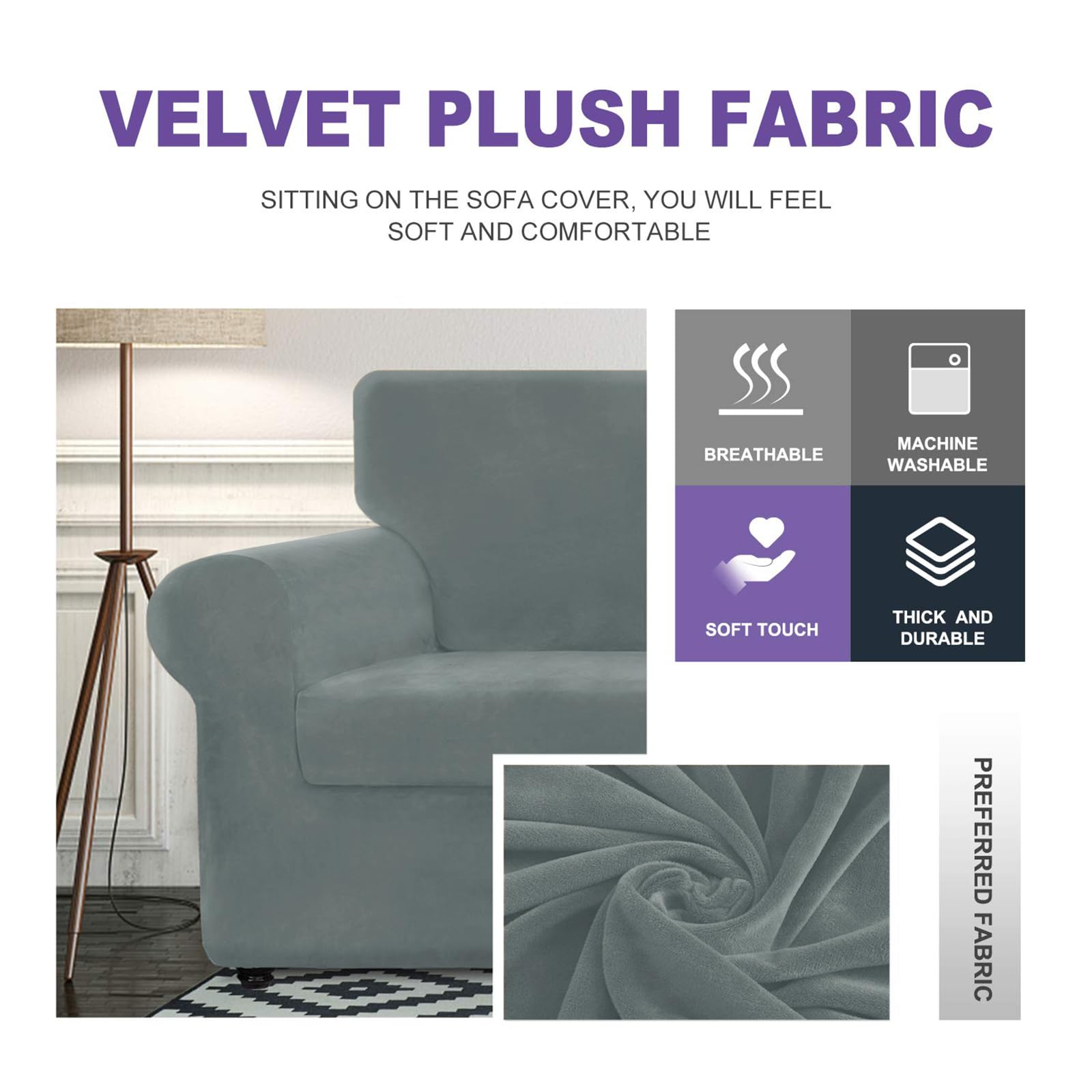 Znsayotx Luxury Velvet Chair Slipcovers With Arm 2 Piece Stretch Chair Covers For Living Room Thick Soft Armchair Slipcover Anti Slip Pet Friendly Furniture Protector (Light Grey),32'-46'(1 Cushion)