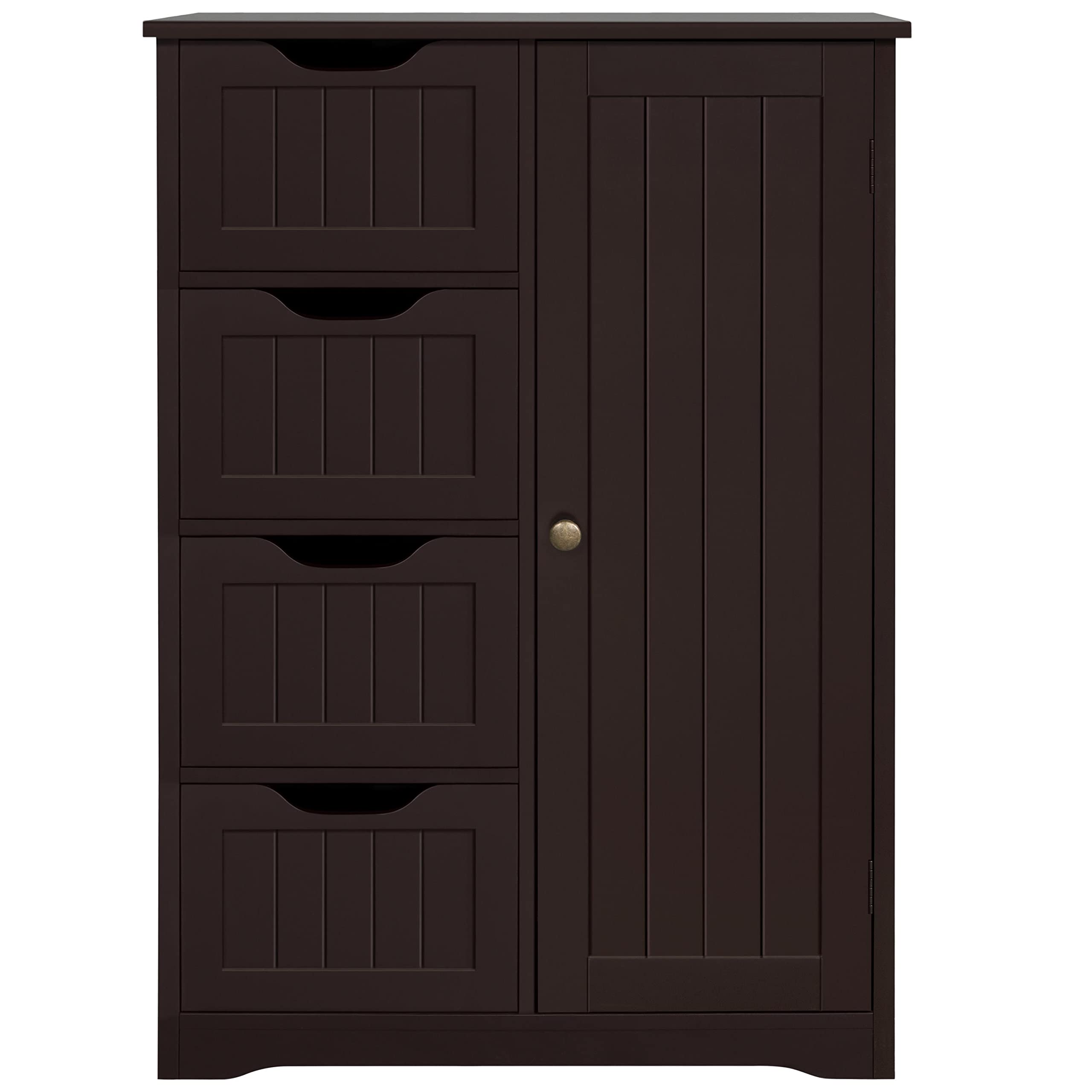 Yaheetech Wooden Bathroom Floor Cabinet, Side Storage Organizer Cabinet with 4 Drawers and 1 Cupboard, Freestanding Entryway Sto
