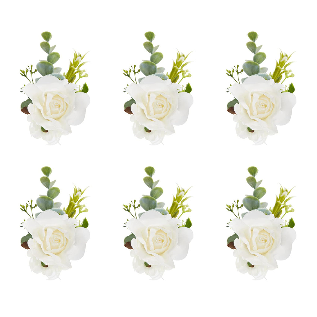 Meldel White Ivory Rose Wrist Corsage, Set of 6, Wedding Bridal Flower Corsage Hand Decor for Prom Party Homecoming, Wristband F