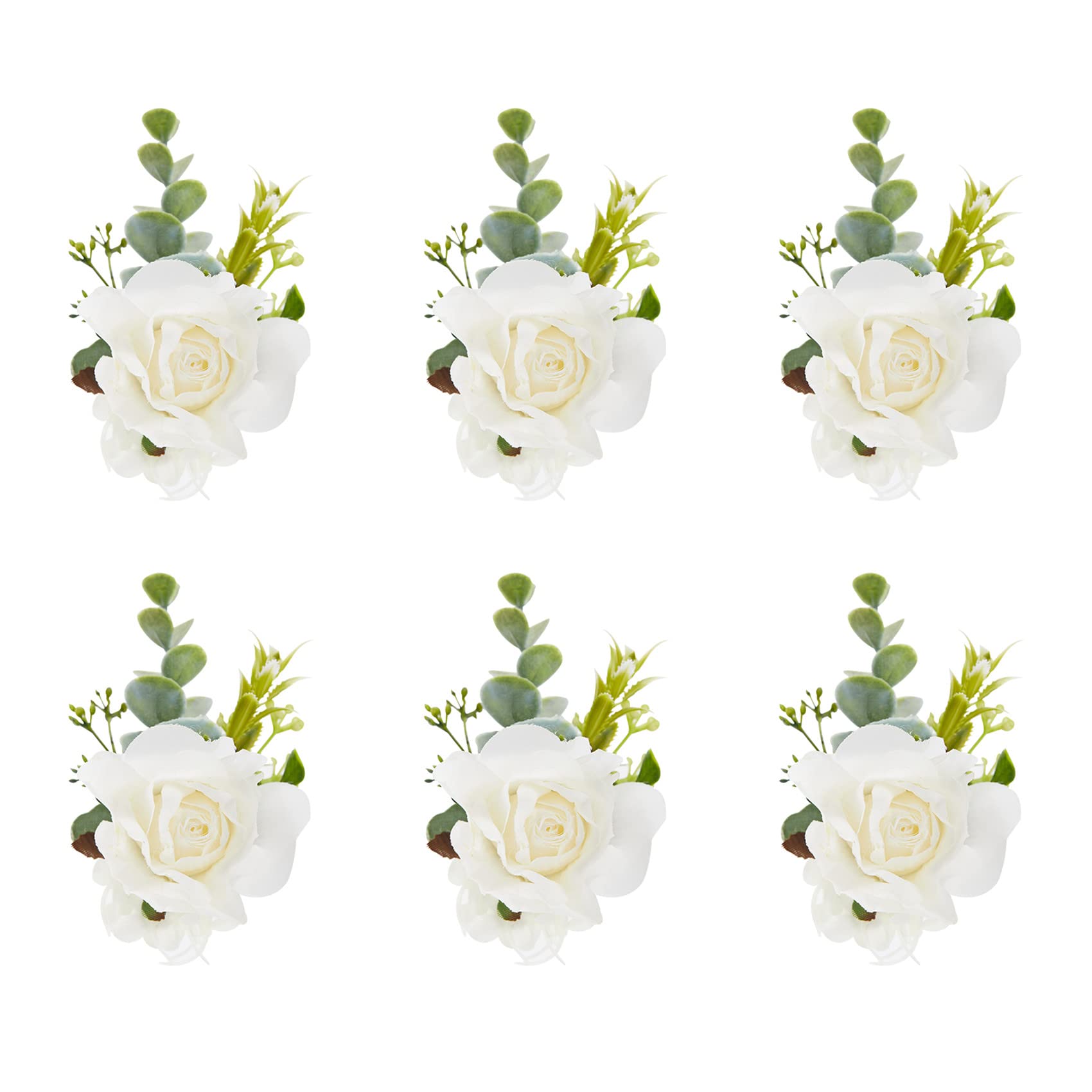 Meldel White Ivory Rose Wrist Corsage, Set of 6, Wedding Bridal Flower Corsage Hand Decor for Prom Party Homecoming, Wristband F
