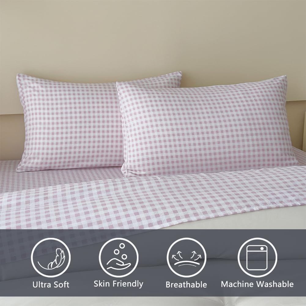 Nsnlgsgc Pink Gingham Queen Sheet Set, Soft Brushed Microfiber Plaid Queen Bed Sheets, 4-Pieces Grid Sheet Set With Deep Pocket