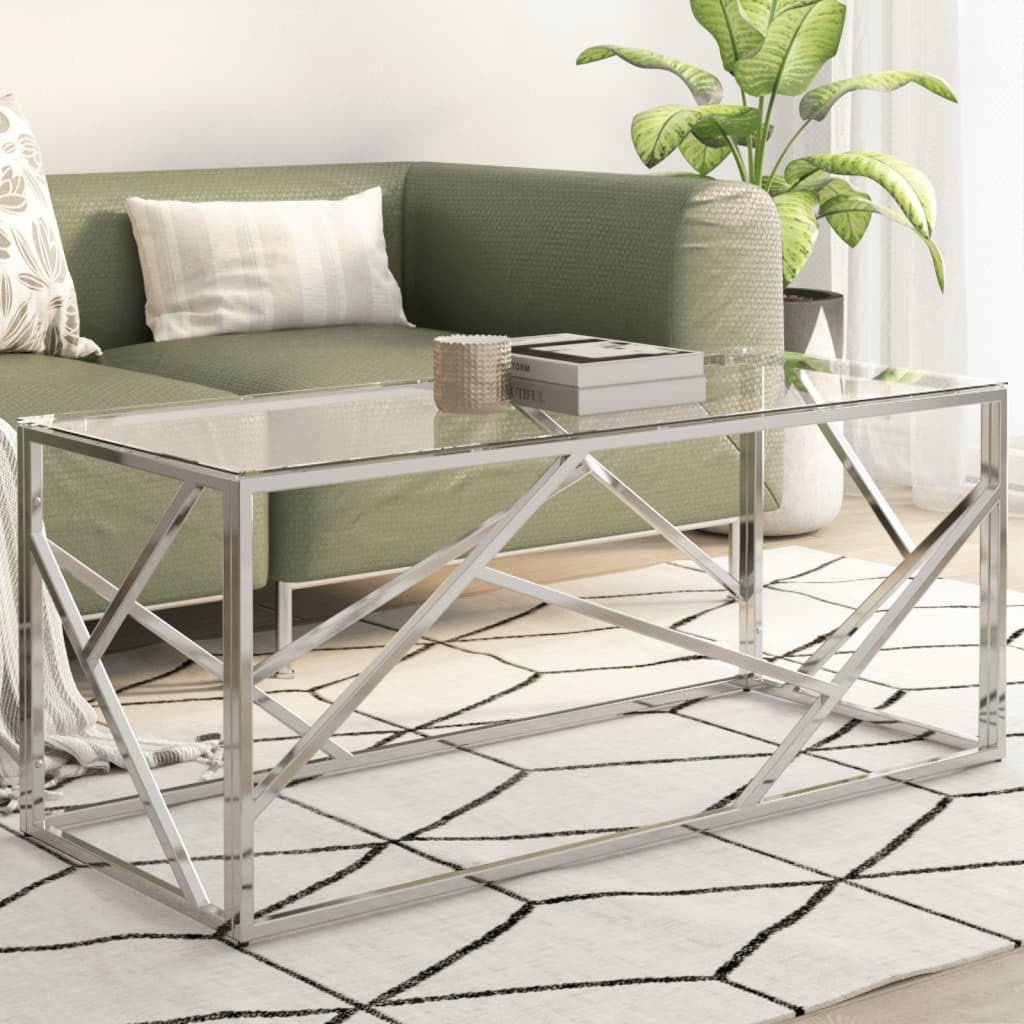 vidaXL Silver Stainless Steel Coffee Table - Tempered Glass Top, Modern Accent Sofa Table for Living Room/Lounge, Rectangular 43.3"x17.7"x17.7"