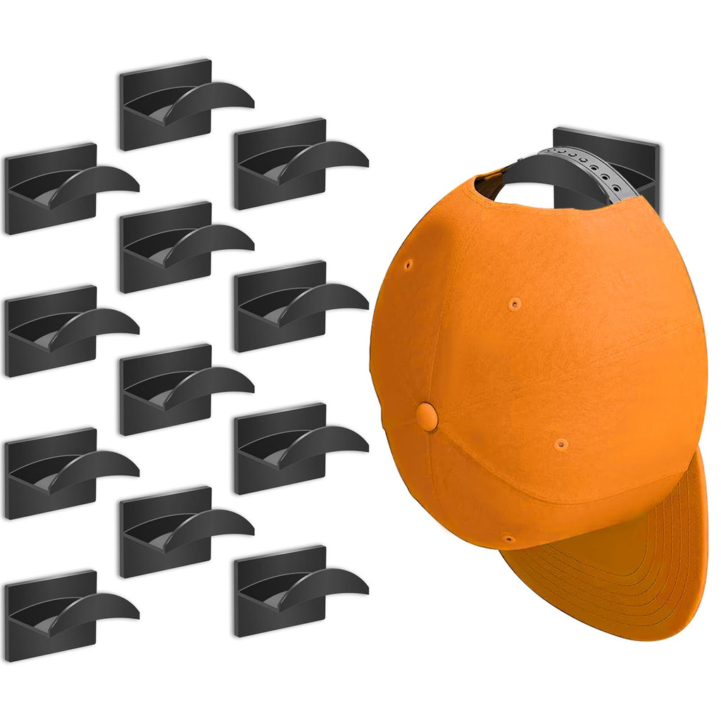 Qteeyou Adhesive Hat Hooks for Wall (12 PCS) - Hat Racks for Baseball Caps, Minimalist Hat Rack Design, Strong Hold Hat Hangers,