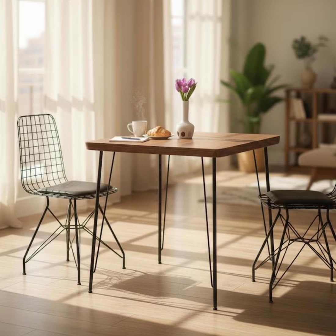Wooden Expert Small Solid 4 Seater Dining Table For Kitchen| Rustic Handmade Kitchen Table With Metal Hairpin Legs | Minimalist