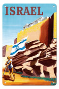 Israel - Zionist Heroic Girl Holding Israeli Flag - Walls of Jerusalem - Vintage Airline Travel Poster by Maurice Renluc c.1949-