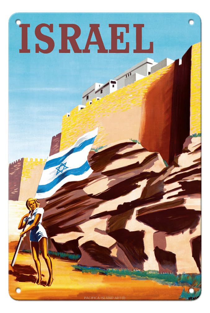 Israel - Zionist Heroic Girl Holding Israeli Flag - Walls of Jerusalem - Vintage Airline Travel Poster by Maurice Renluc c.1949-
