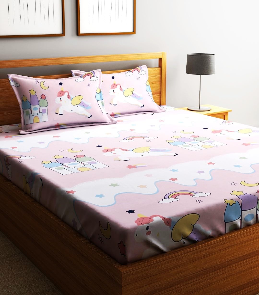 Home Sizzler 144Tc Microfibre KidS Unicorn Double Bedsheet With 2 King Size Pillow Covers