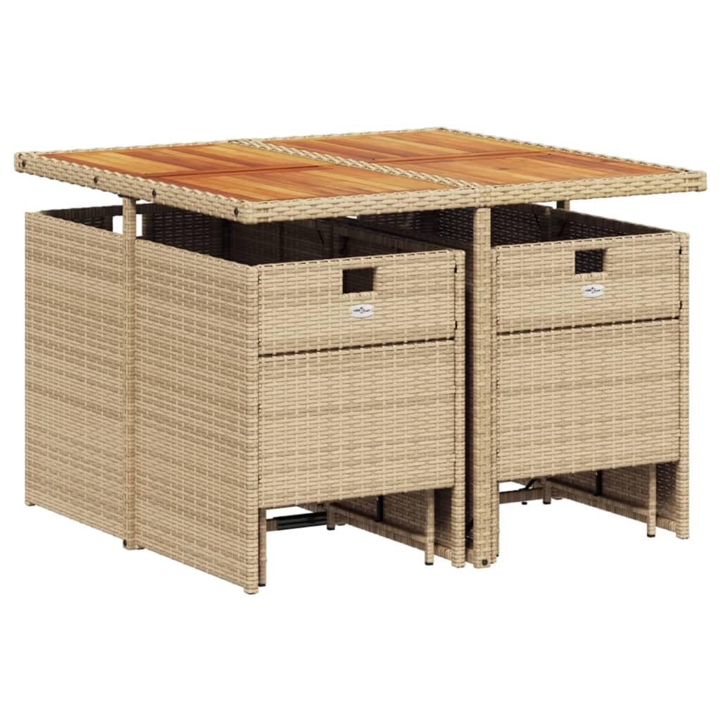 vidaXL 9 Piece Patio/Garden/Backyard Dining Set with Cushions - Foldable Chairs, Space-Saving Storage, Weather-Resistant Beige Poly Rattan, Acacia Wood Table, Removable Covers