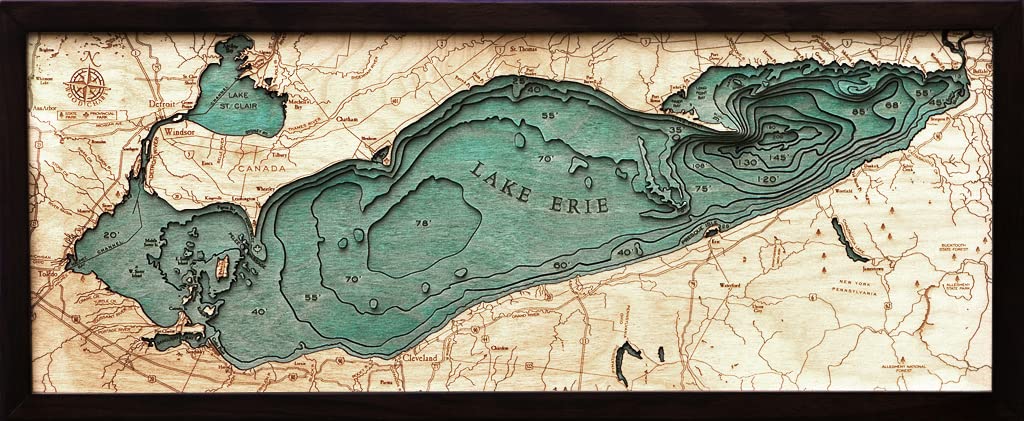Lake Erie 3-D Nautical Wood Chart, 13.5 x 31