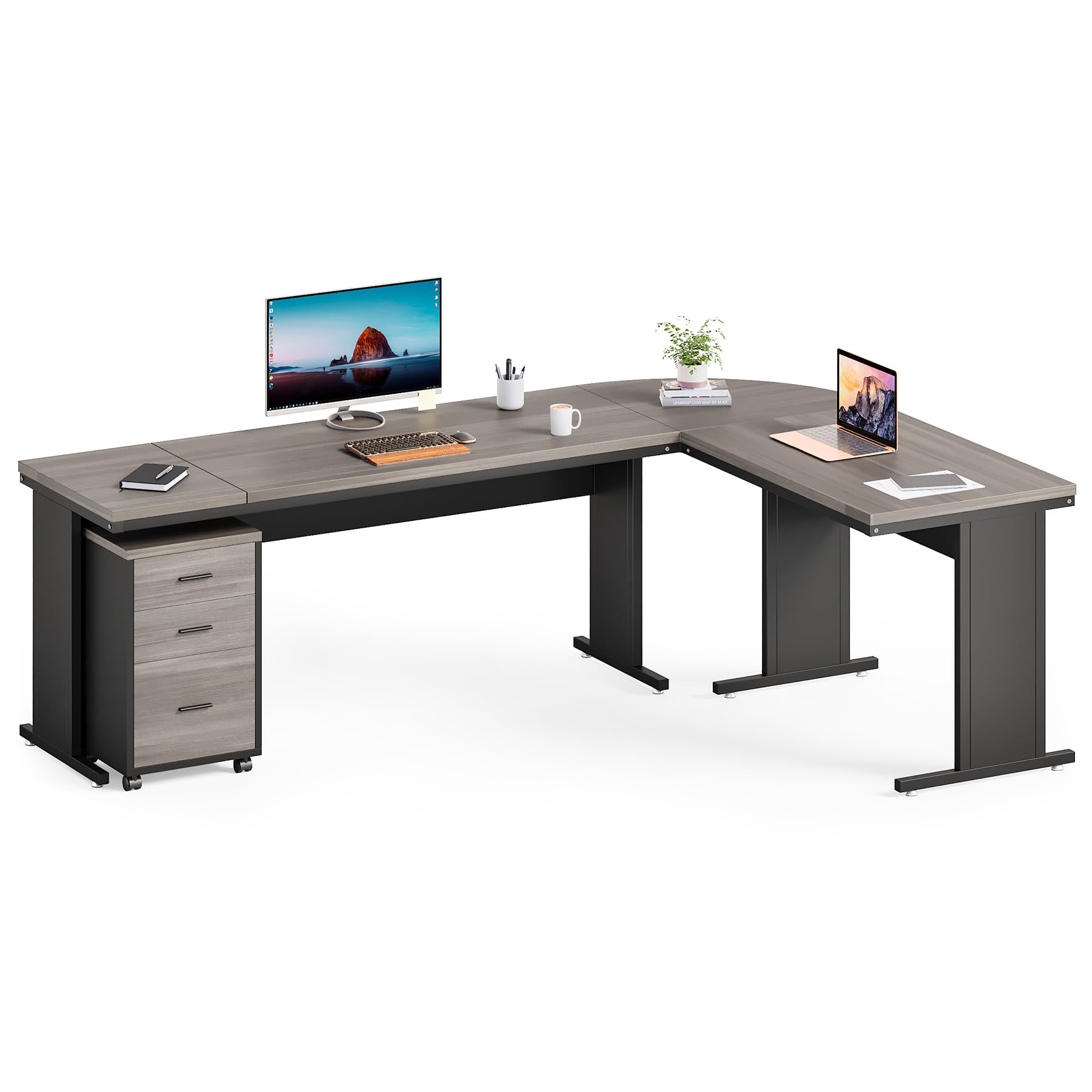 LITTLE TREE 82.67 Long Executive Desk with Drawers, Large L-Shaped Office Desk with Mobile File Cabinet, Farmhouse Computer Offi