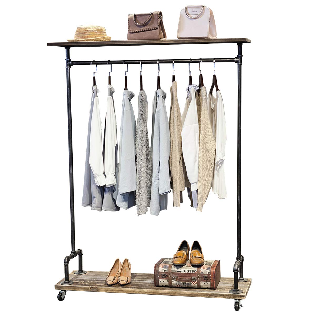 MBQQ Industrial Decorative Clothes Rack, Black Silver, Wood and Iron, 47.2L x 63H x 13.8W