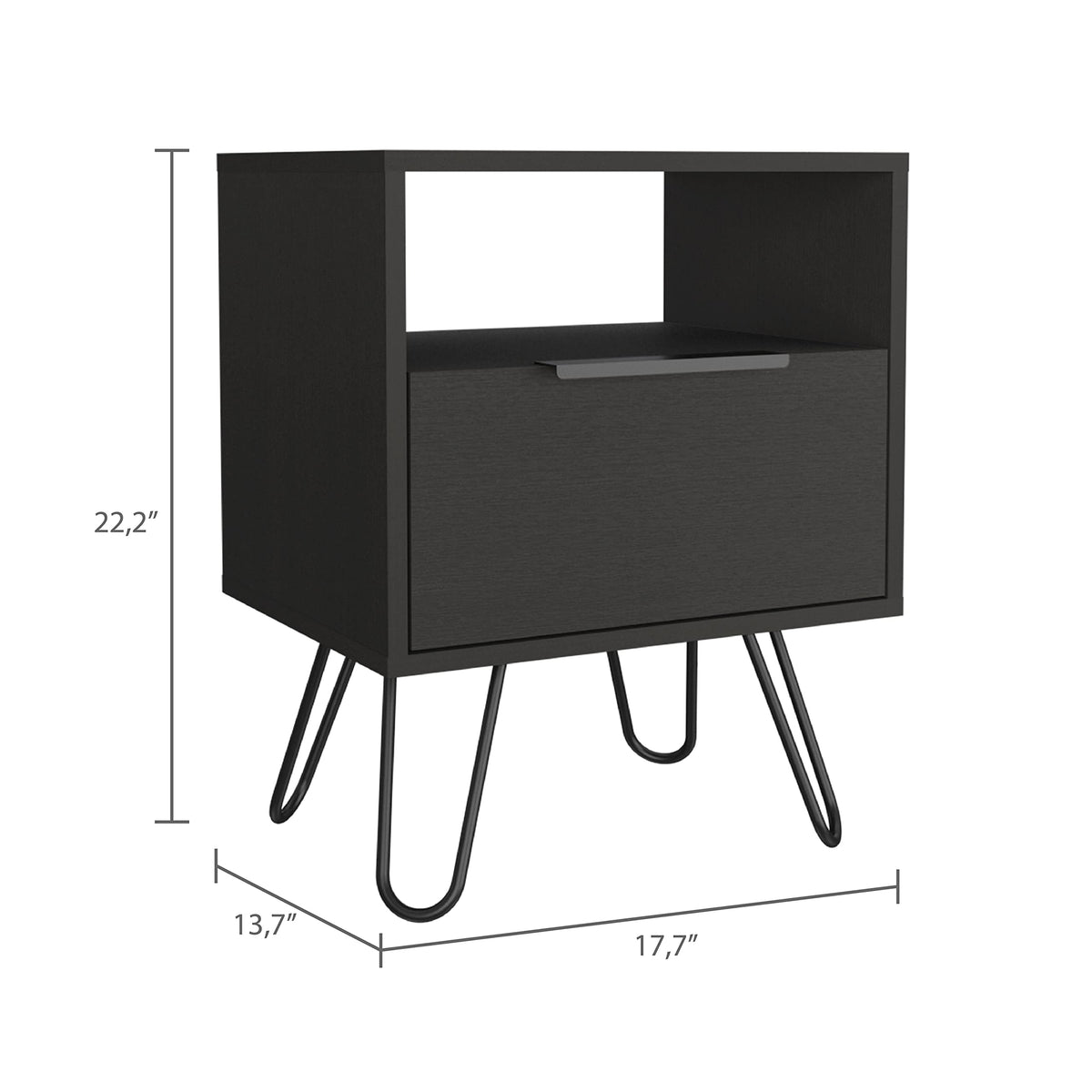 Nightstand 22&Quot; H, 1 Open Shelf, Single Door Cabient, Hairpin Legs, Black