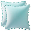 Dezene Throw Pillow Cases 18X18 Light-Blue: 2 Pack Cozy Soft Pom-Poms Velvet Square Decorative Pillow Covers For Farmhouse Home