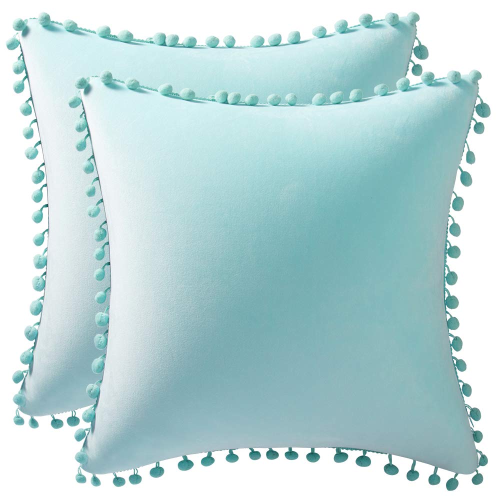 Dezene Throw Pillow Cases 18X18 Light-Blue: 2 Pack Cozy Soft Pom-Poms Velvet Square Decorative Pillow Covers For Farmhouse Home