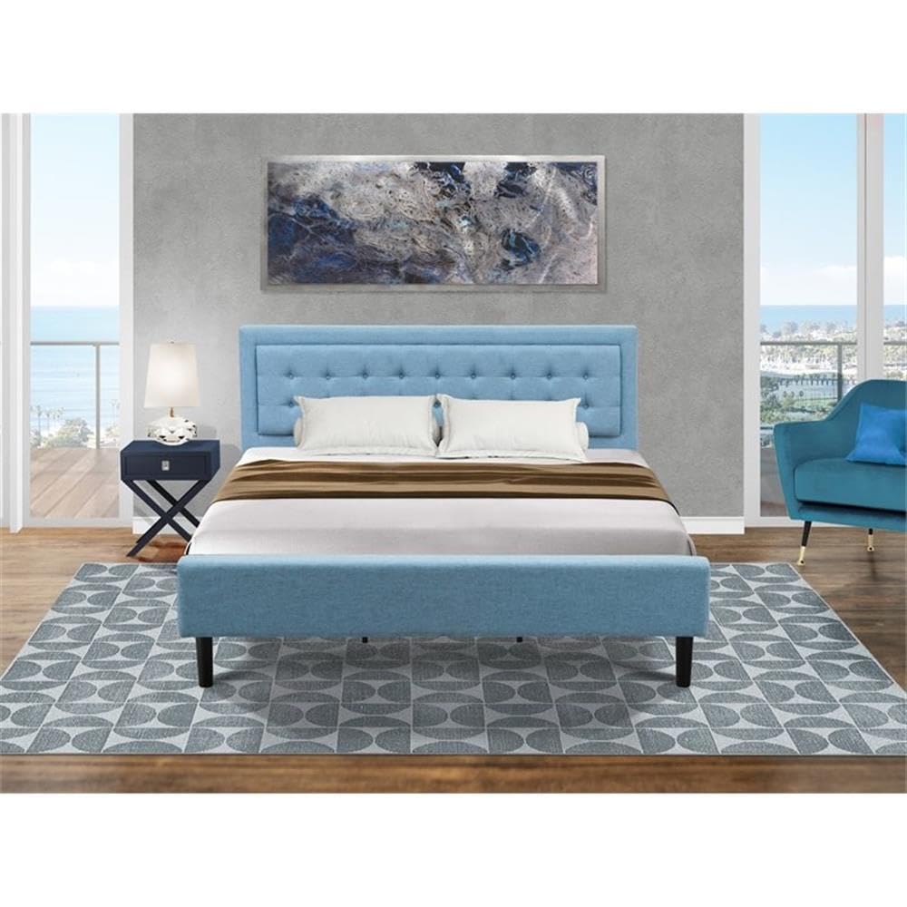 East West Furniture FN11K-1HA15 2-Piece Fannin King Size Bed Set with 1 Bed Frame and a Navy Blue Small Nightstand - Reliable and Sturdy Construction - Denim Blue Linen Fabric Bed