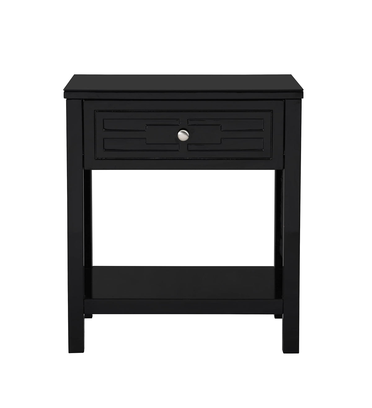 Lilola Home Dylan Black Wooden End Side Table Nightstand with Glass Top and Drawer