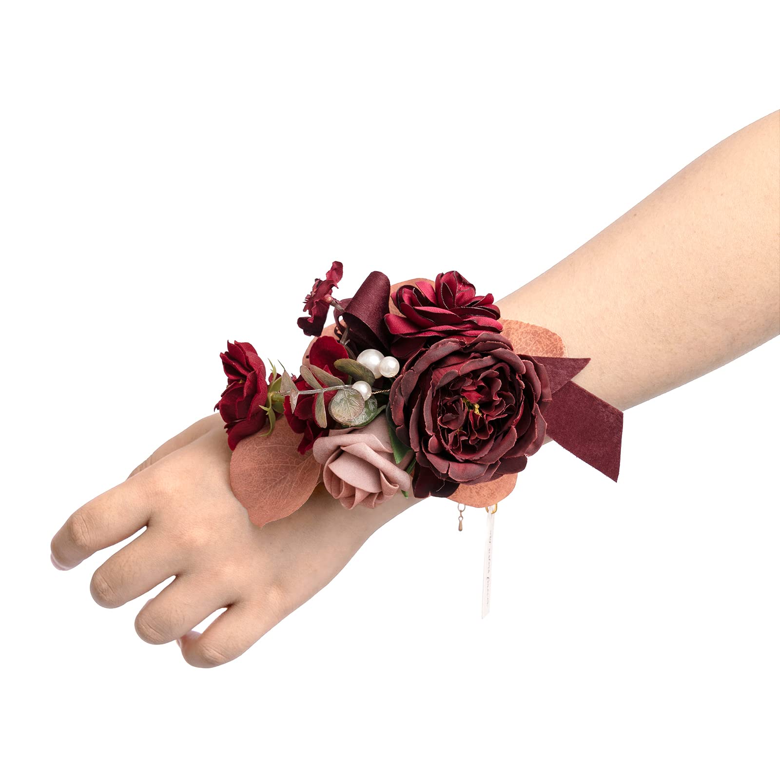 Lings Moment Burgundy Wrist Corsage for Wedding(Set of 6), Dusty Rose Prom Corsages Wristlet for Girls, Women, Mothers, Bridesm