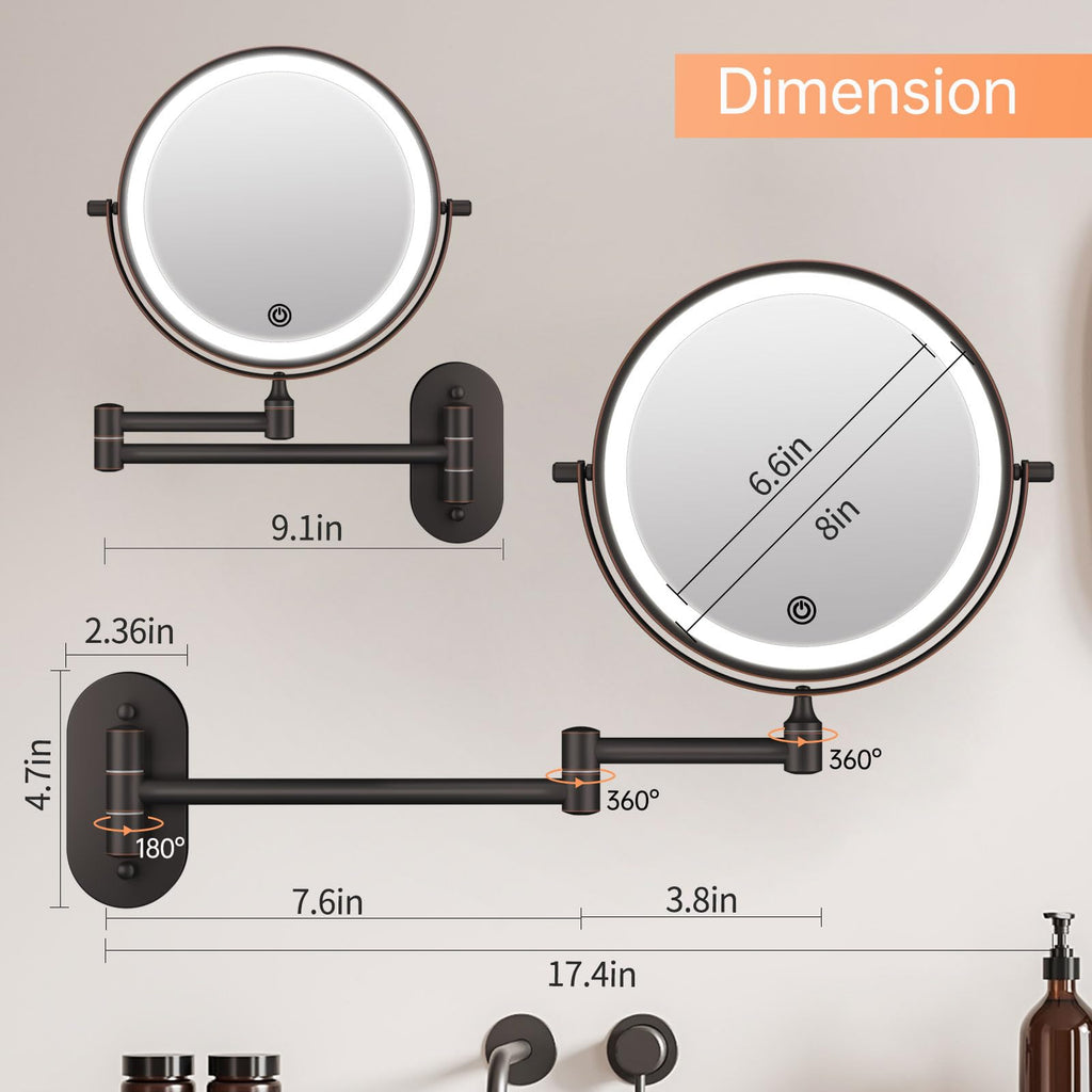 Rechargeable Wall Mounted Lighted Makeup Vanity Mirror 8 Inch Double Sided 1X 10X Magnifying Bathroom Mirror, 3 Color Lighting,