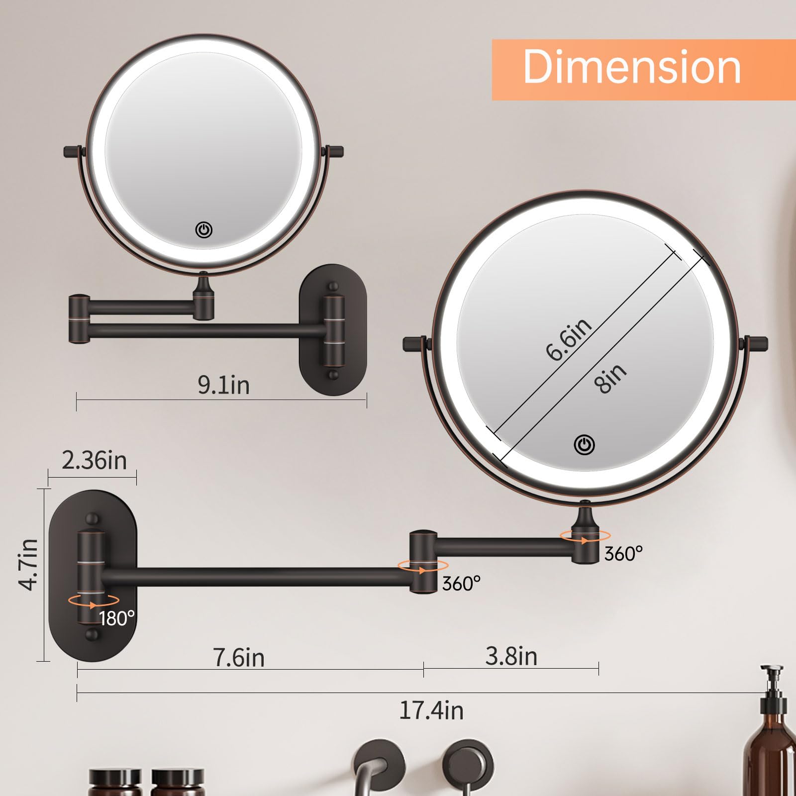 Rechargeable Wall Mounted Lighted Makeup Vanity Mirror 8 Inch Double Sided 1X 10X Magnifying Bathroom Mirror, 3 Color Lighting,