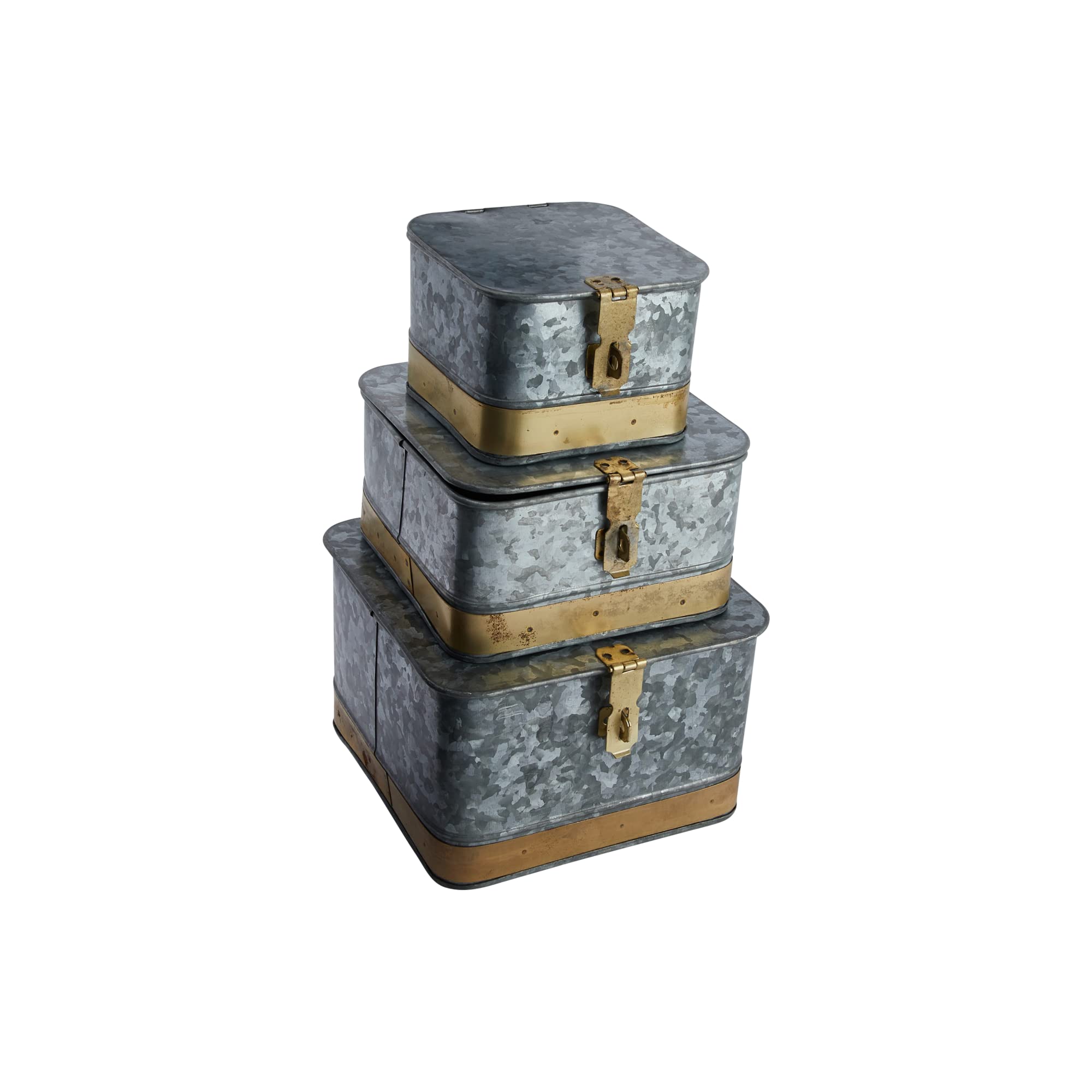 Creative Co-Op Decorative Galvanized Metal Boxes with Lids, Set of 3 Sizes, Distressed Silver and Brass