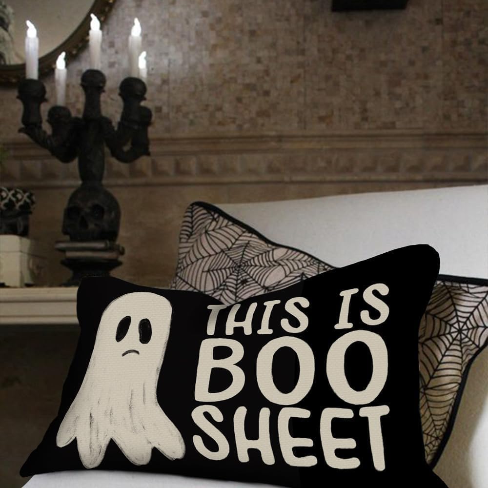 Aacors Halloween Pillow Cover 12X20 Inch Ghost Funny Halloween Saying Decoration Holiday Farmhouse Pillow Case Decor For Home So
