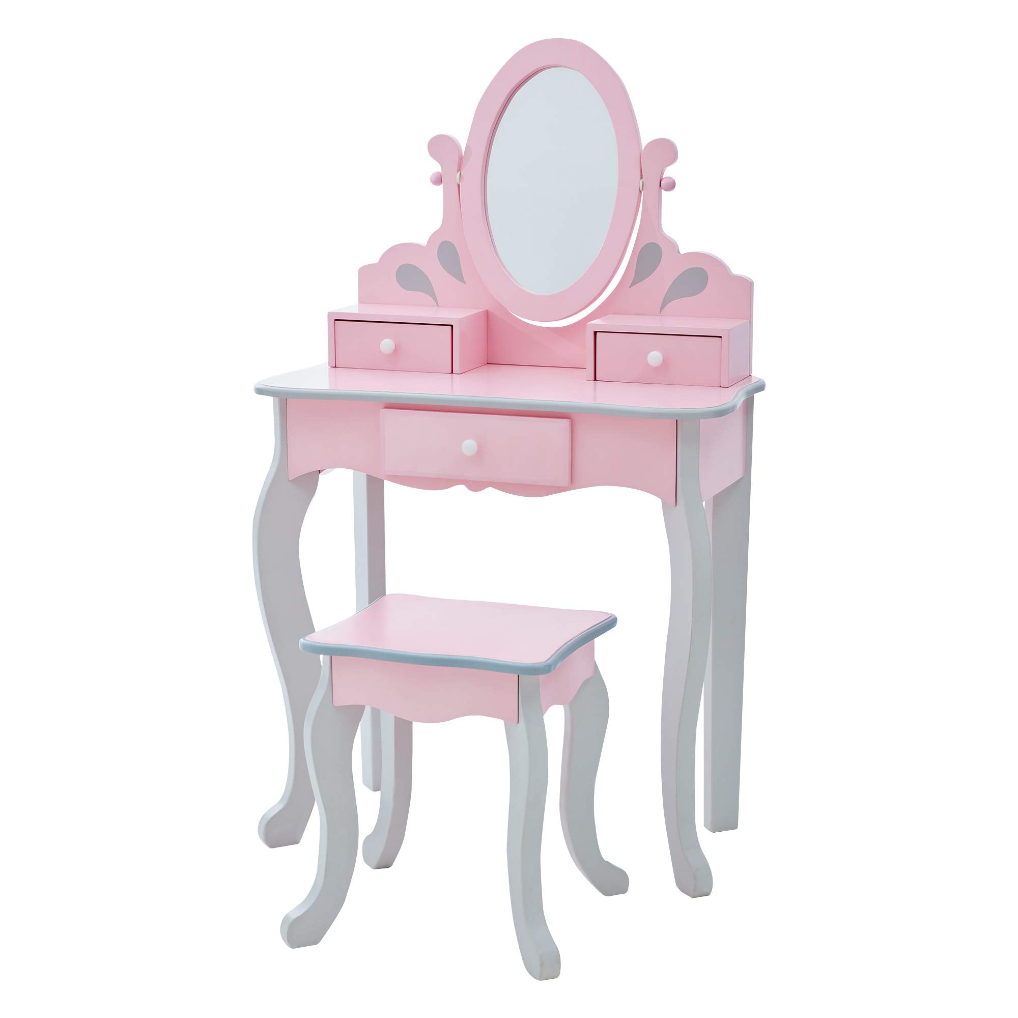 Teamson Kids Princess Rapunzel Wooden 2-pc. Play Vanity Set with Three Storage Drawers, Rotating Oval Mirror and Matching Stool 