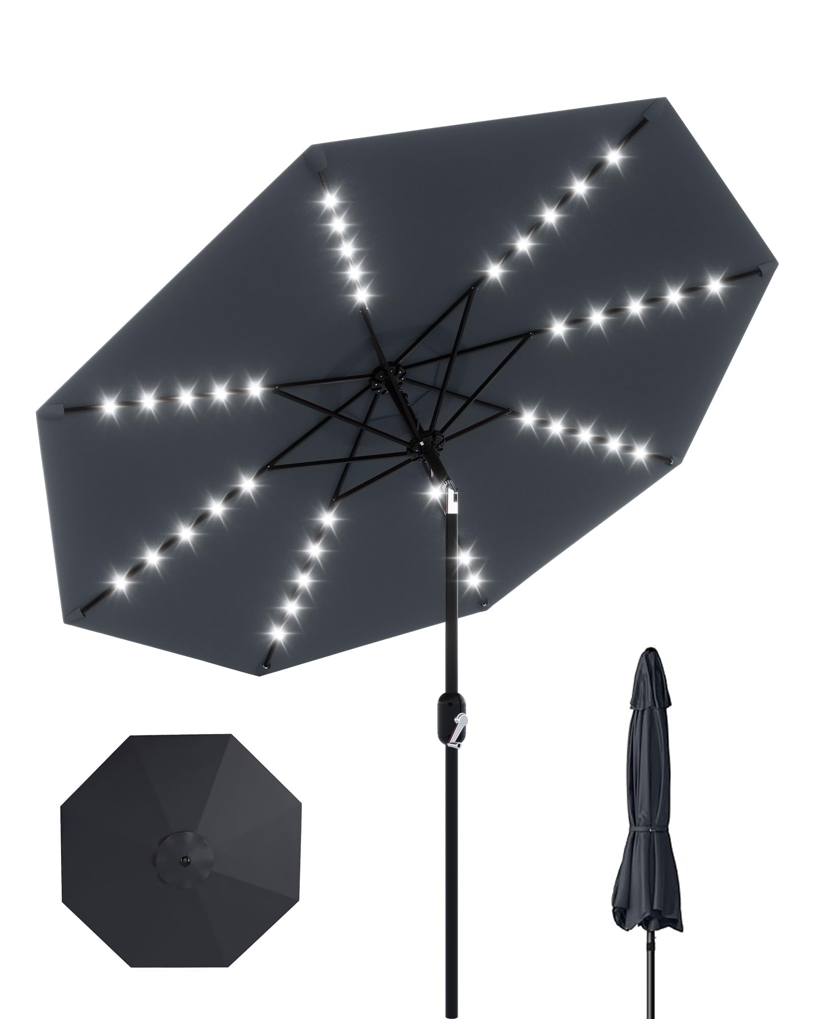GarveeLife 10 ft Patio Umbrella with Solar Lights, 8 Ribs Outdoor Market Table Umbrella with 40 LED Lights & Tilt Crank for Pool