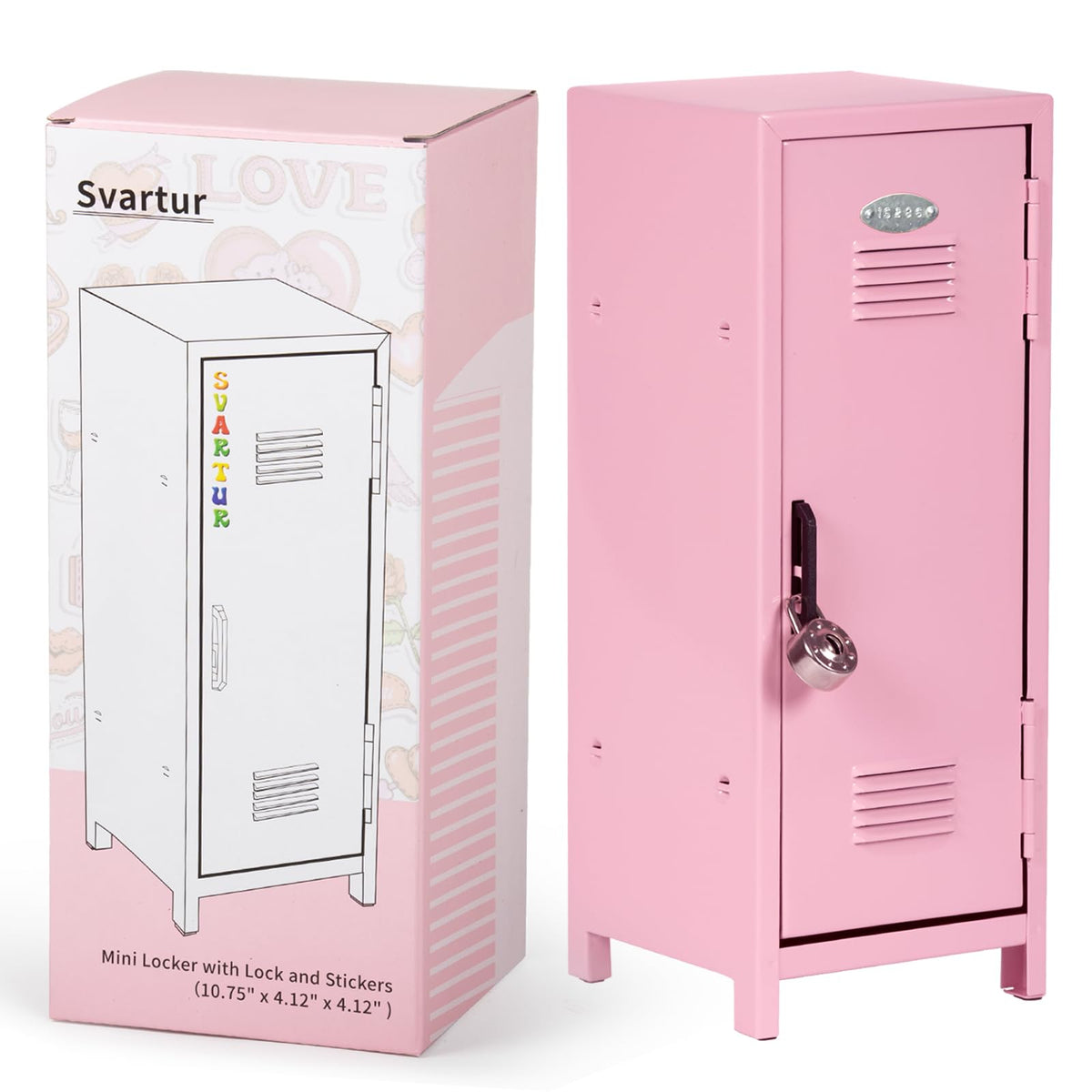 Svartur Mini Locker with Lock & Keys, Stickers, Metal Small Locker for Desktop, Girls Lockbox Desktop Storage Organizer, Money S