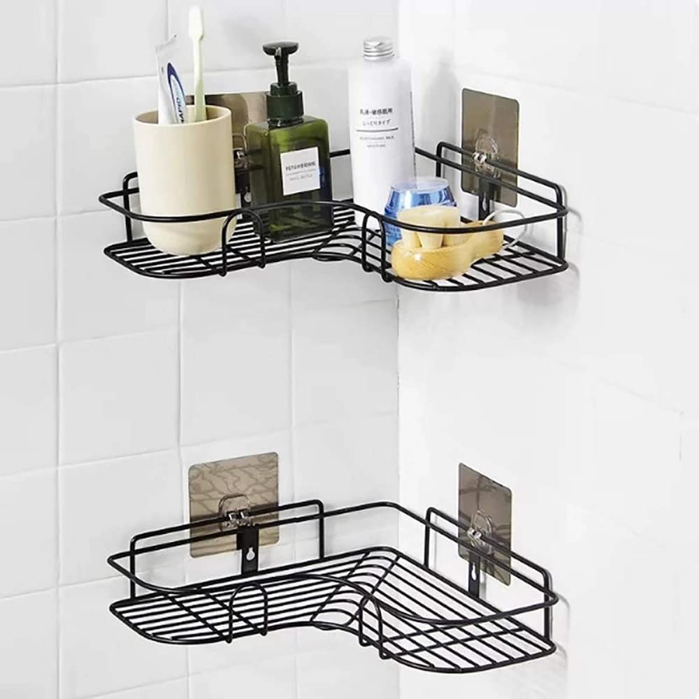 Arvekha SelfAdhesive Wrought Iron Kitchen Tripod Bathroom Corner Storage Shelves And Racks (Black, 36X26.7X6 Cm)