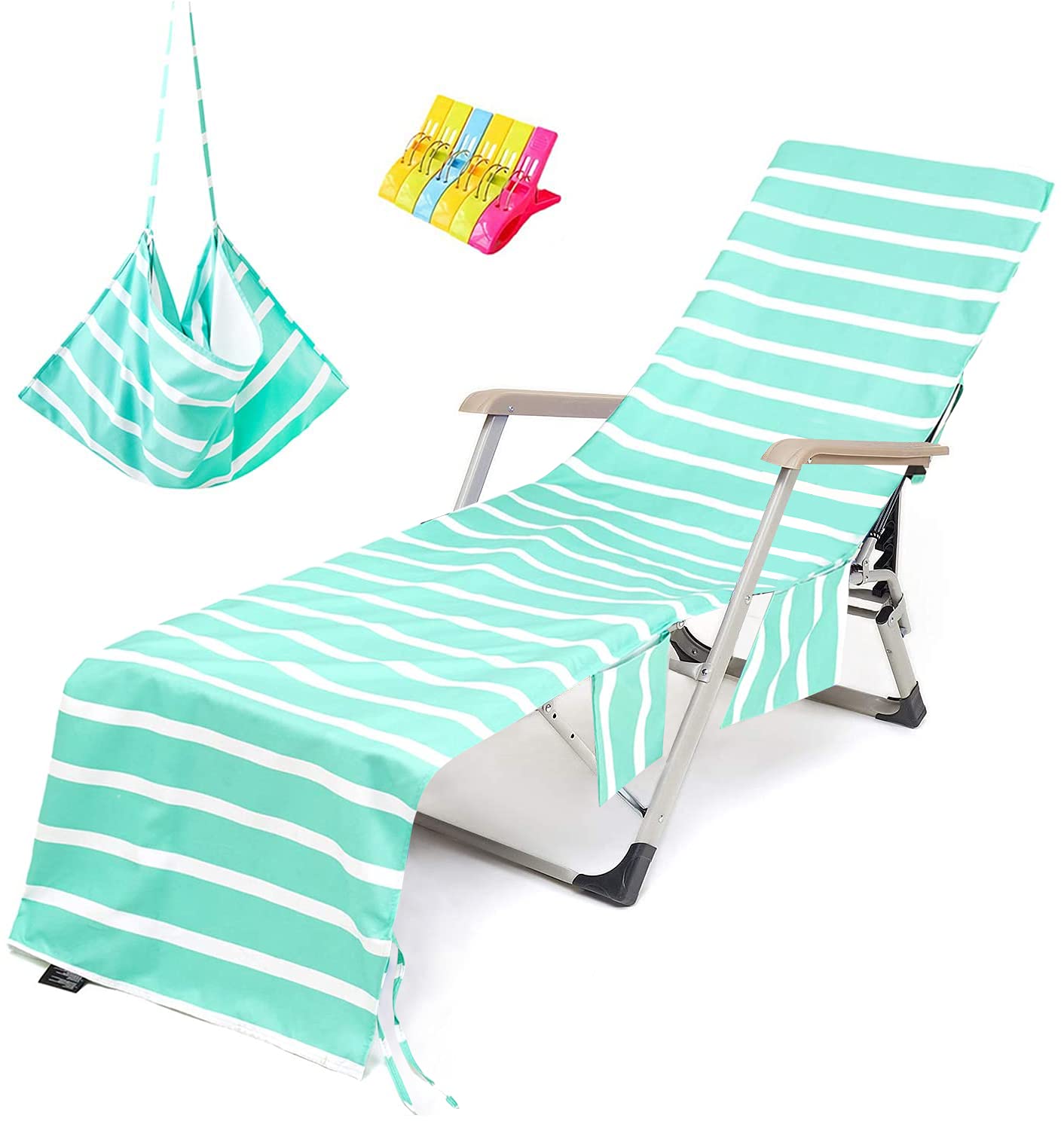 VOCOOL Beach Chair Towel Chaise Lounge Cover with Pockets Pool Chair Towel for Outdoor Patio Garden (Mint Green)