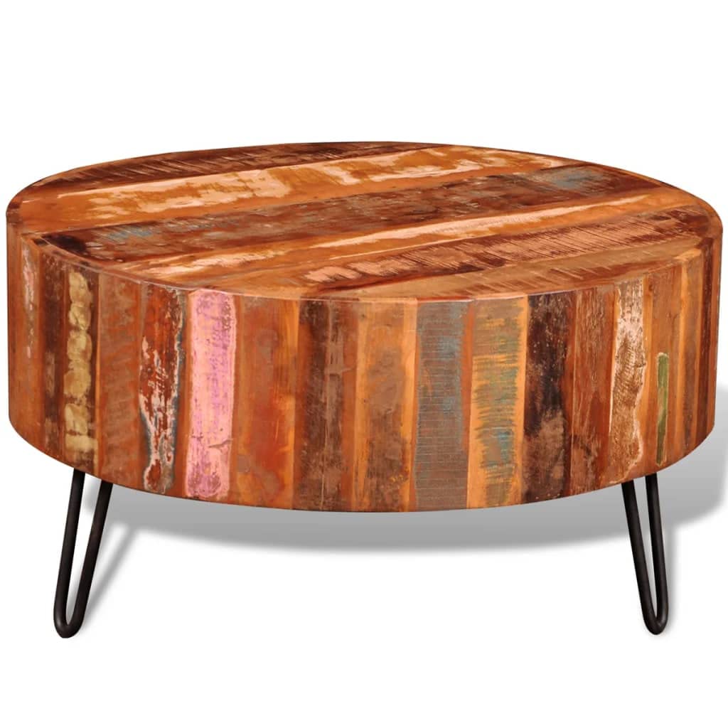 vidaXL Coffee Table with Iron Legs, Round Center Table for Living Room, Fully Handmade, 27.6''Fx15.0'', Solid Reclaimed Wood, Multicolor