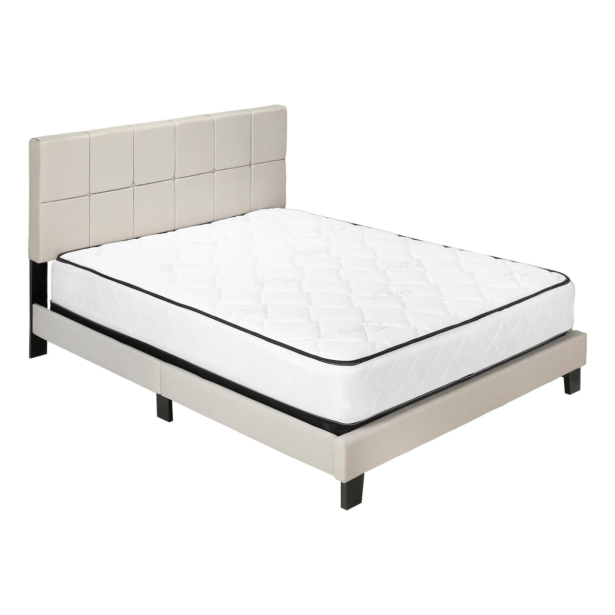 Monarch Specialties I 5605Q Bed, Queen Size, Platform, Bedroom, Frame, Upholstered, Linen Look, Wood Legs, Beige, Black, Transitional
