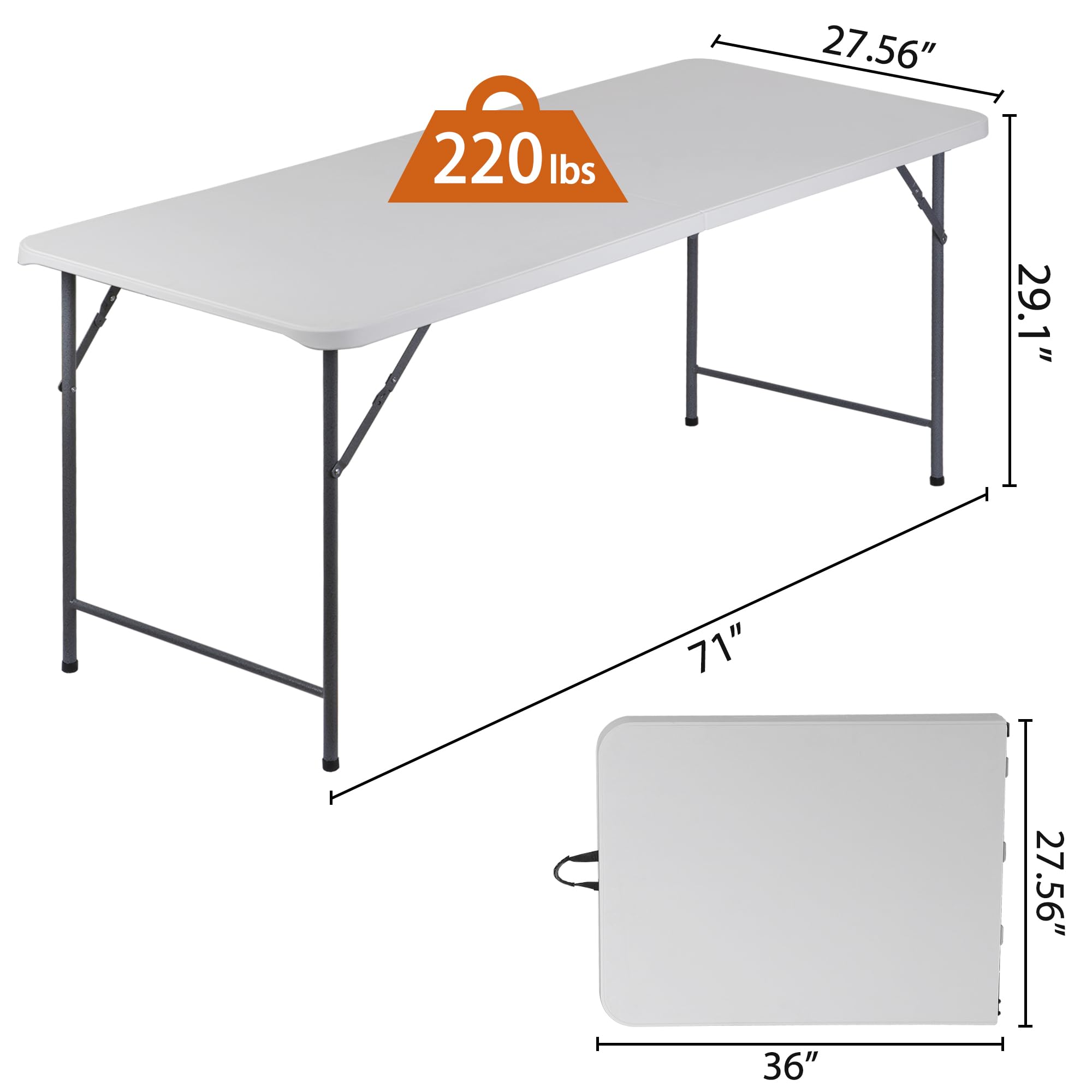 Zenstyle 6 Ft Adjustable Folding Table, Indoor Outdoor Portable Plastic Dining Card Table Utility Table For Camping Dining Event Party (71'X27', Rectangular)