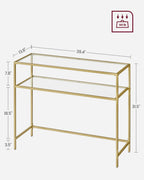 Vasagle 39.4 Inch Console Sofa Table, Modern Entryway Table, Tempered Glass Table, Metal Frame, 2 Shelves, Adjustable Feet, For Living Room, Hallway, Gold Color Ulgt025A01