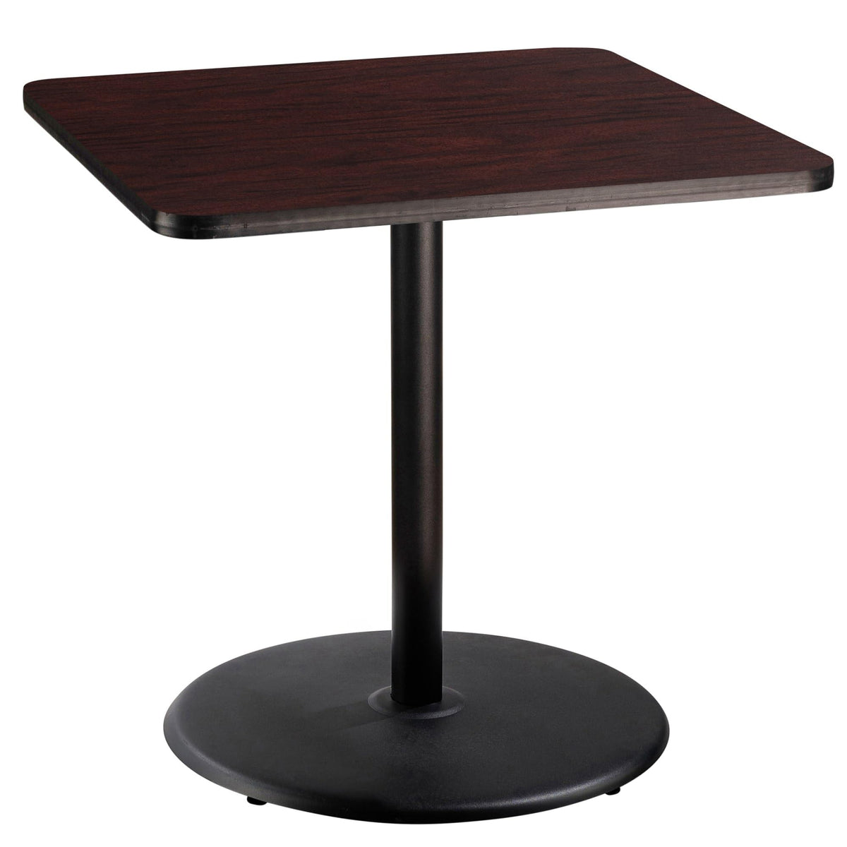 National Public Seating Nps 36&Quot; Square Cafe Table With Round Base, 36&Quot; Height, Particleboard Core/T-Mold, Mahogany Top, Black Frame