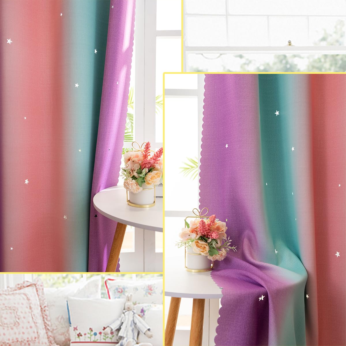 Yancorp Curtains For Girls Bedroom Kids Curtain Hollow-Out Star Window Nursery Curtain 96 Inches Length Room Darkening Grommet 2 Layers (Green Pink Purple, W52 X L96)