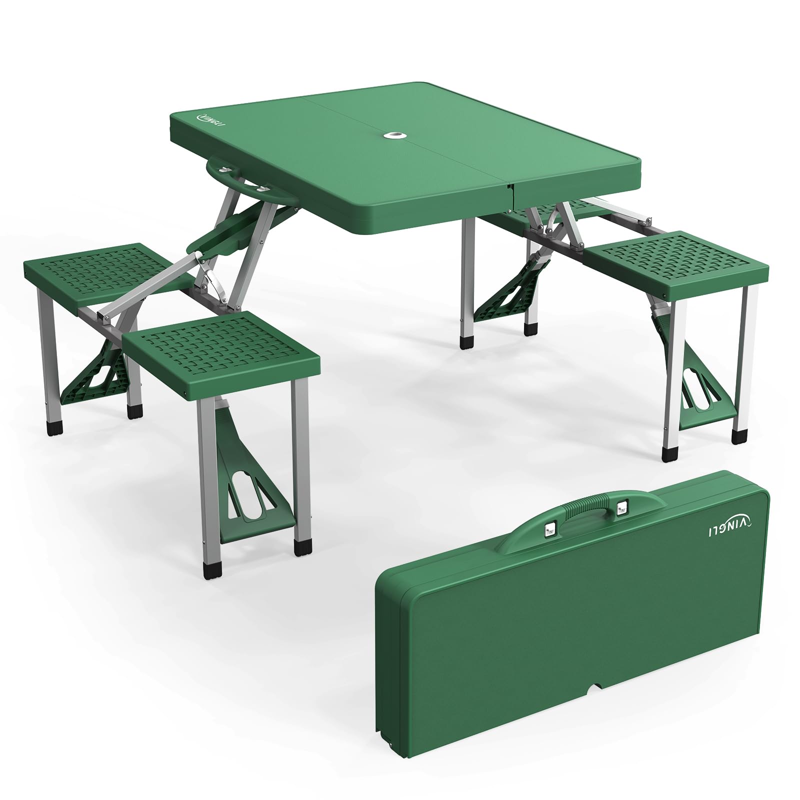 VINGLI 4 Ft Portable Folding Picnic Table Camping Table Foldable Set with 4 Seats with Umbrella Hole Suitcase Card Table-220 Lbs