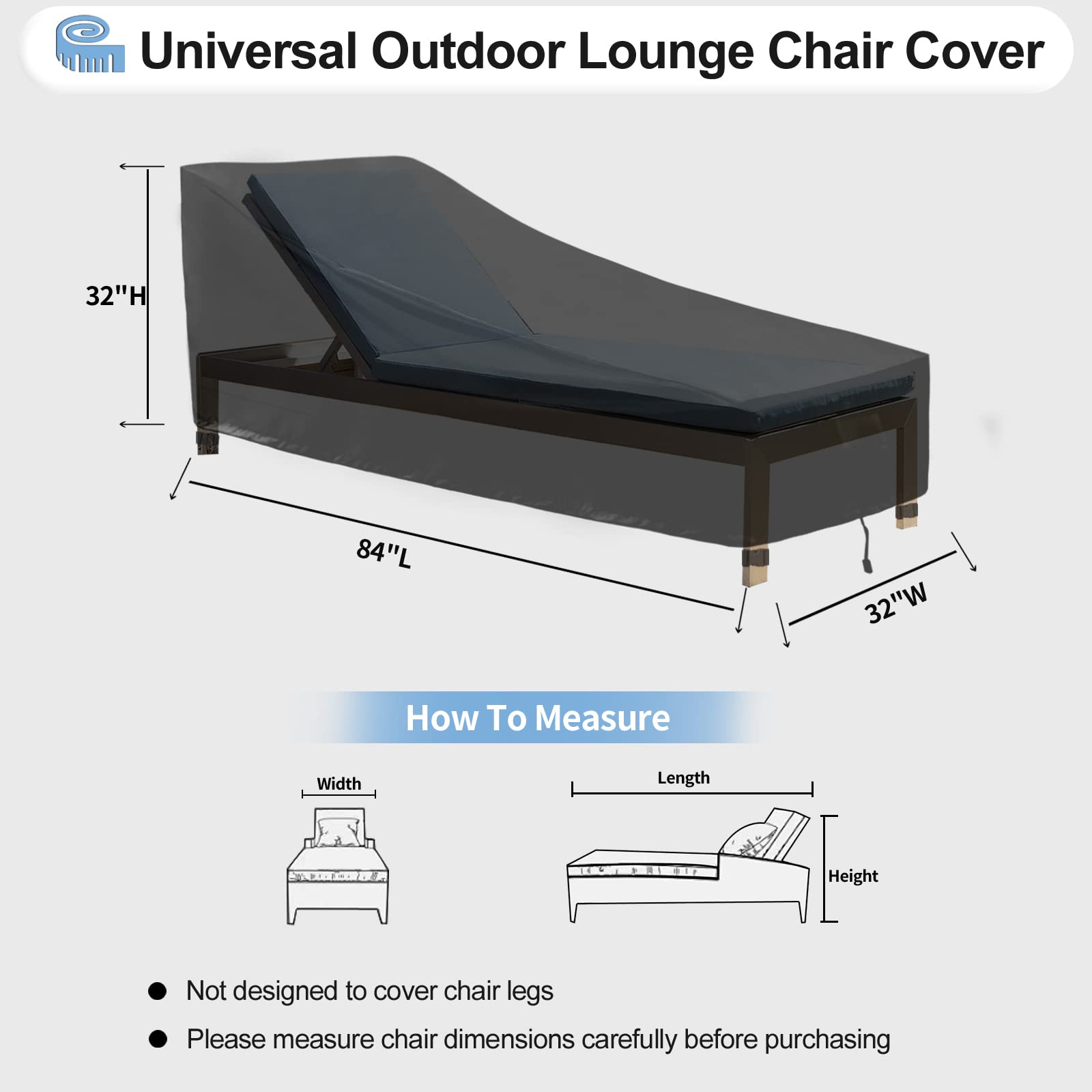 Outdoorlines Outdoor Waterproof Patio Chaise Lounge Chair Cover - Uv Resistant Lounger Covers Heavy Duty Weatherproof Patio Sofa Furniture Covers, 2 Packs, 84Wx32Dx32H Inches, Black