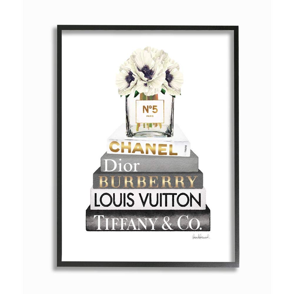 Stupell Industries Blooming White Floral Display on Glam Designer Bookstack Wall Art, 11 x 14, Black Framed
