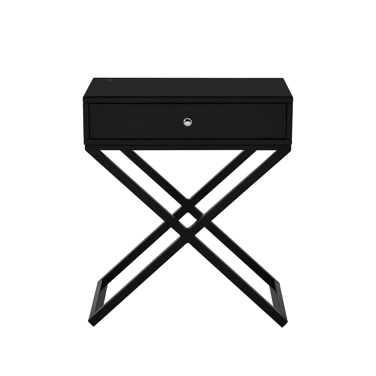 Lilola Home Koda Black Wooden End Side Table Nightstand with Glass Top, Drawer and Metal Cross Base