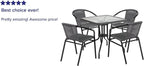 28 Square Glass Metal Table with Gray Rattan Edging and 4 Gray Rattan Stack Chairs