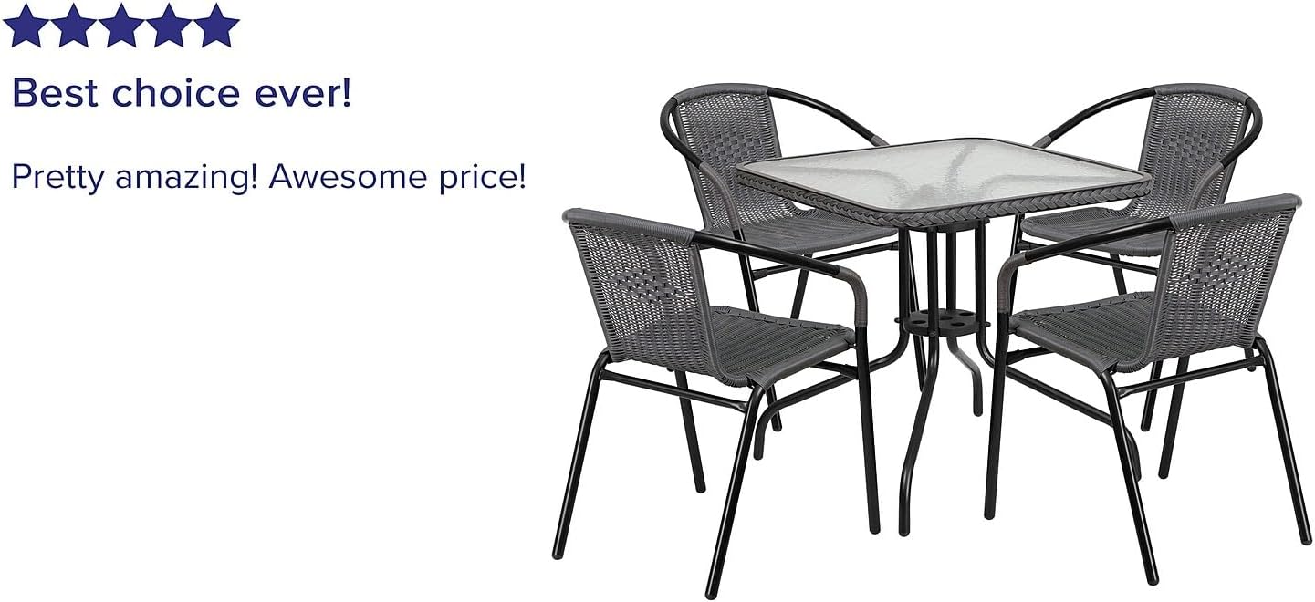 28 Square Glass Metal Table with Gray Rattan Edging and 4 Gray Rattan Stack Chairs