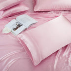 Treely 6 Piece Satin Sheets Full Size Silky Smooth Pink Satin Sheet Set With Deep Pocket, Satin Fitted Sheet, Flat Sheet, 4 Sati